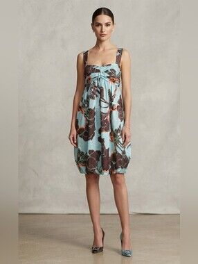 Tela Made in Italy Designer Aqua Flora Dress Light Blue, Brown & Orange Floral